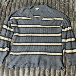 American Eagle Outfitters Blue and White V-Neck Sweater
